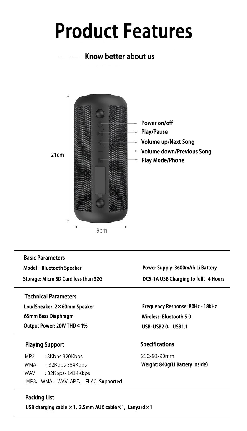 Portable Bluetooth Speaker 20W Super Bass Outdoor Music Player HiFi Speaker  Support TF, TWS, USB Flash Drive  