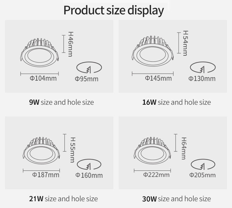 led SMD recessed downlight product size