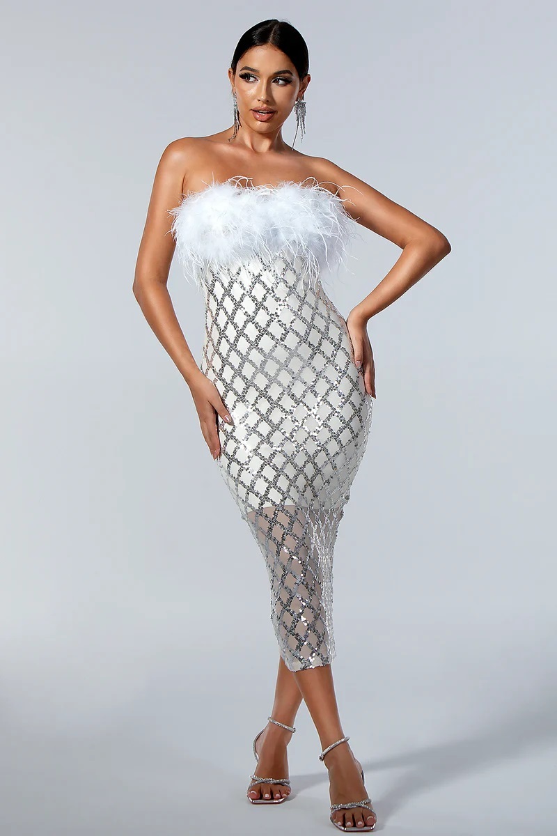 BEAUKEY 2024 Summer Luxury Feathers Sequins Bandage Dress Women Sexy Midi See Through Elastic Dress Lady Elegant Slim Vestido