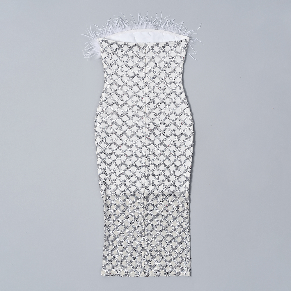 BEAUKEY 2024 Summer Luxury Feathers Sequins Bandage Dress Women Sexy Midi See Through Elastic Dress Lady Elegant Slim Vestido