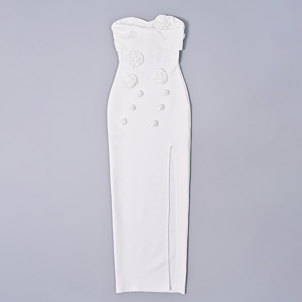 BEAUKEY New Fashion White Floral Bow Bandage Dress For Women Lace Sexy Strapless Evening Long Dress Party Wedding Vestidos