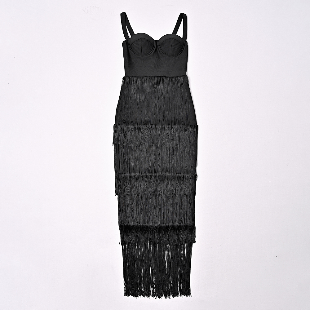 BEAUKEY Summer Luxury Black Tassel Long Evening Bandage Dress Women Backless Bustier Sexy Bodyocn Dress XL Quality Lady Vestidos