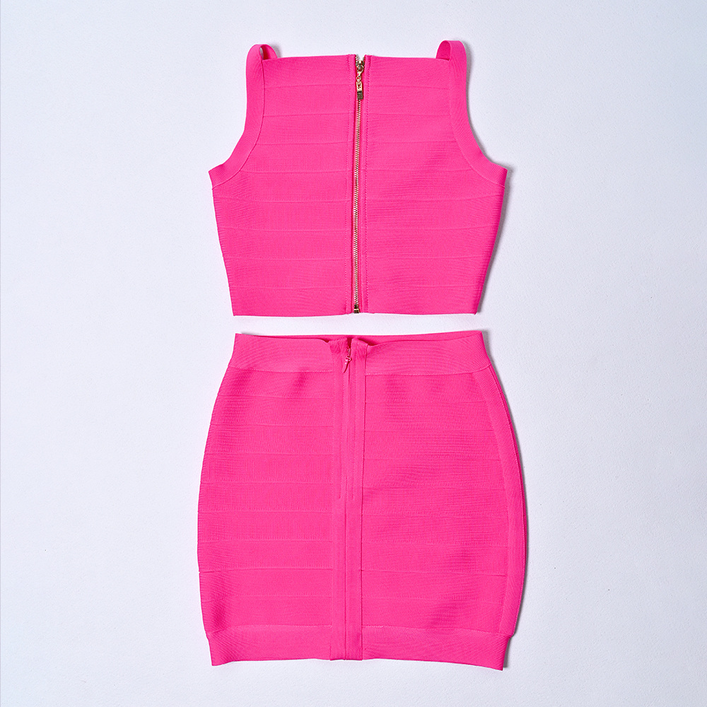 BEAUKEY 2024 Summer Rosa Pink Bandage Slim Set Women Bustier V Spaghetti Camis Mini High Waist Pencil Bodycon Skirt 2 Pieces