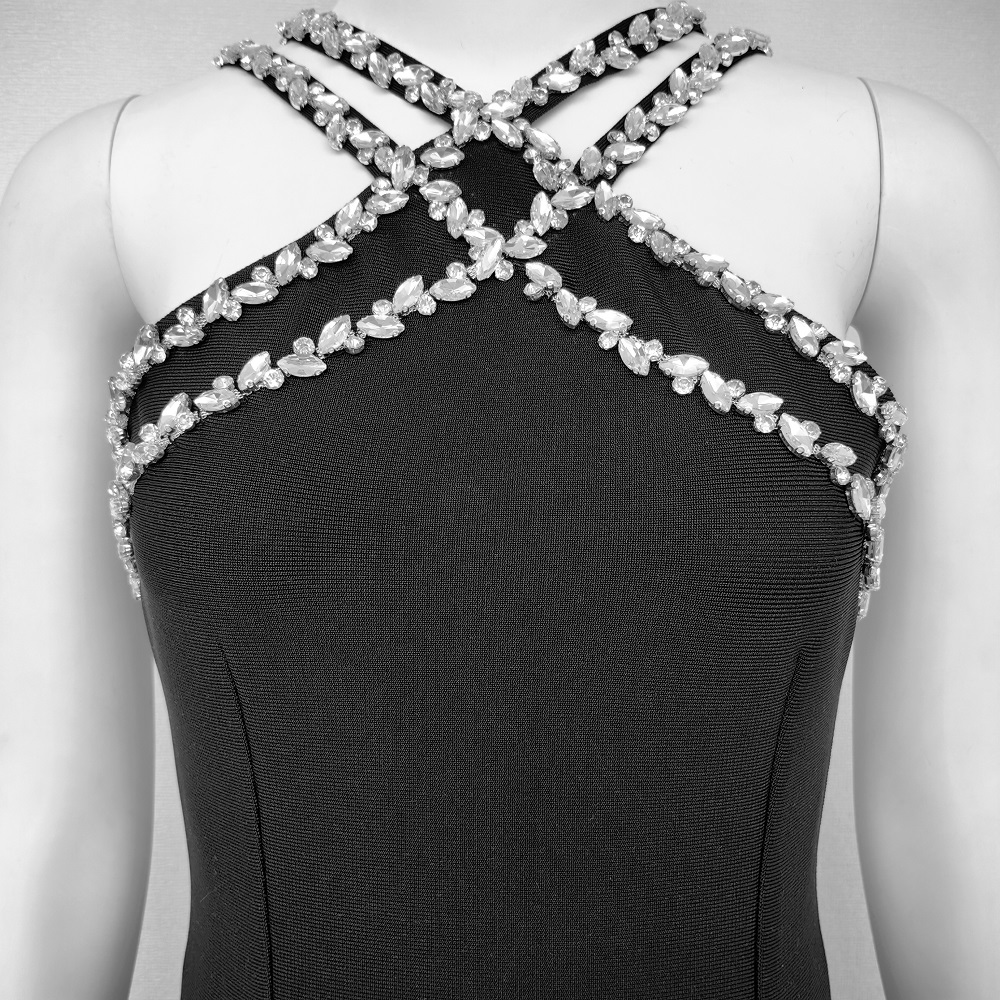 BEAUKEY Black Rhinestone Diamond Luxury Woman Evening Bandage Dress Long Mermaid Cross Stone Party Dress Asymmetrical Vestidos