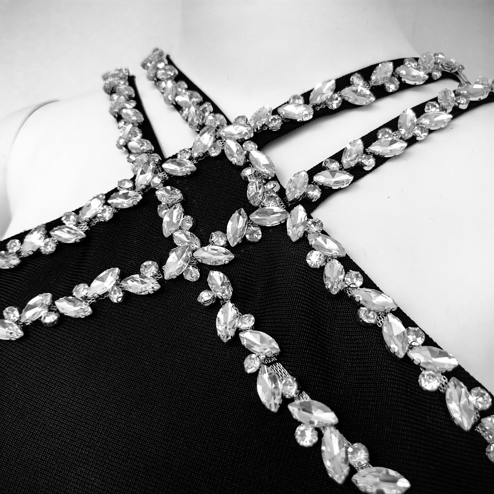 BEAUKEY Black Rhinestone Diamond Luxury Woman Evening Bandage Dress Long Mermaid Cross Stone Party Dress Asymmetrical Vestidos