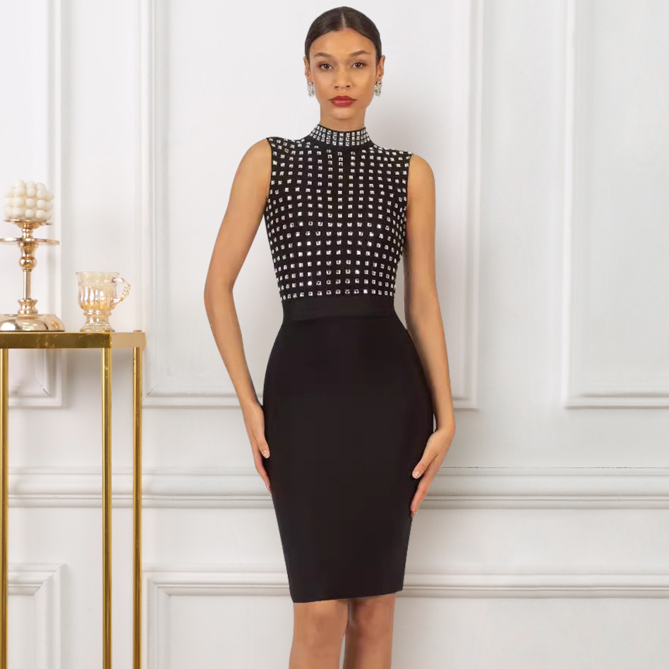 BEAUKEY Sexy High Quality Mesh Rhinestone Black Luxury Bandage Dress Summer Women 2024 New Arrival Party Evening Diamond Dress