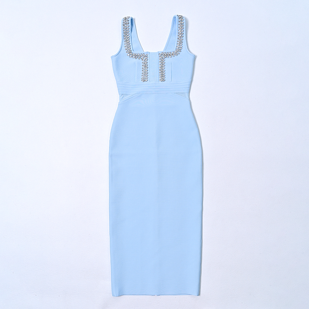 BEAUKEY Luxury Hollow Sexy Blue Rhinestone Bandage Dress 2024 New Arrival Women Long Bodycon Evening Dress Party Crystal Vestido
