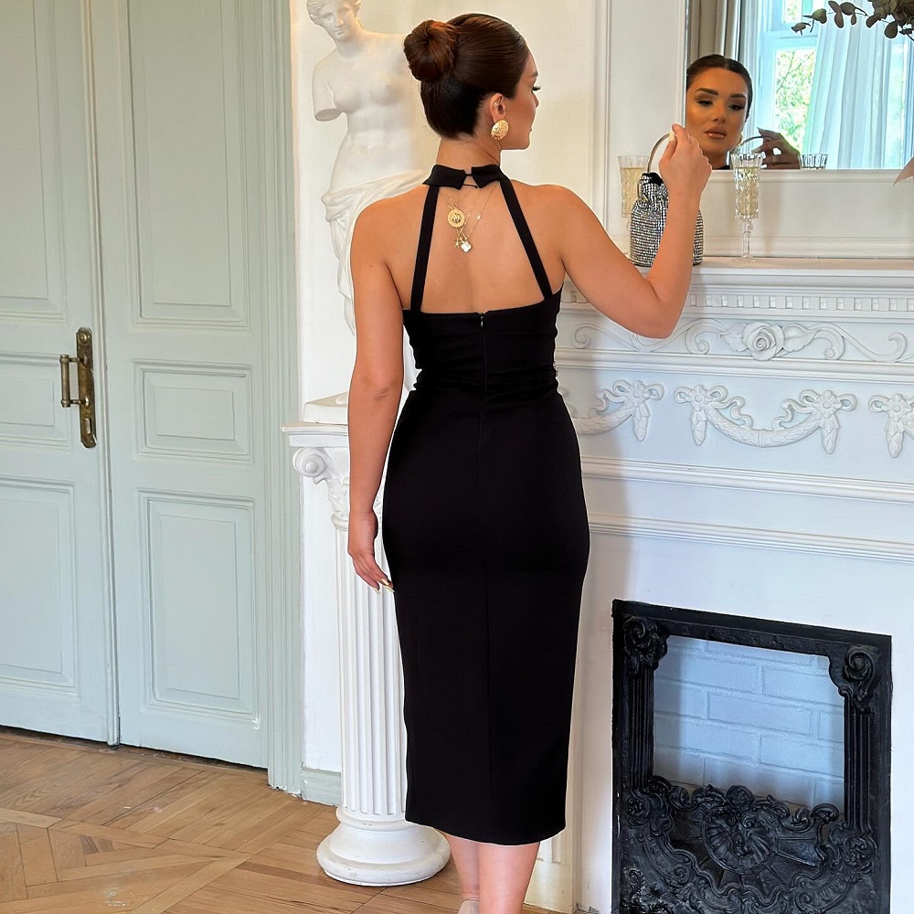 BEAUKEY Luxury Black Diamond Bandage Women Dress 2024 Autumn Sexy Mesh Halter Lady Dress Bodycon Rhinestone Evening Dress Party