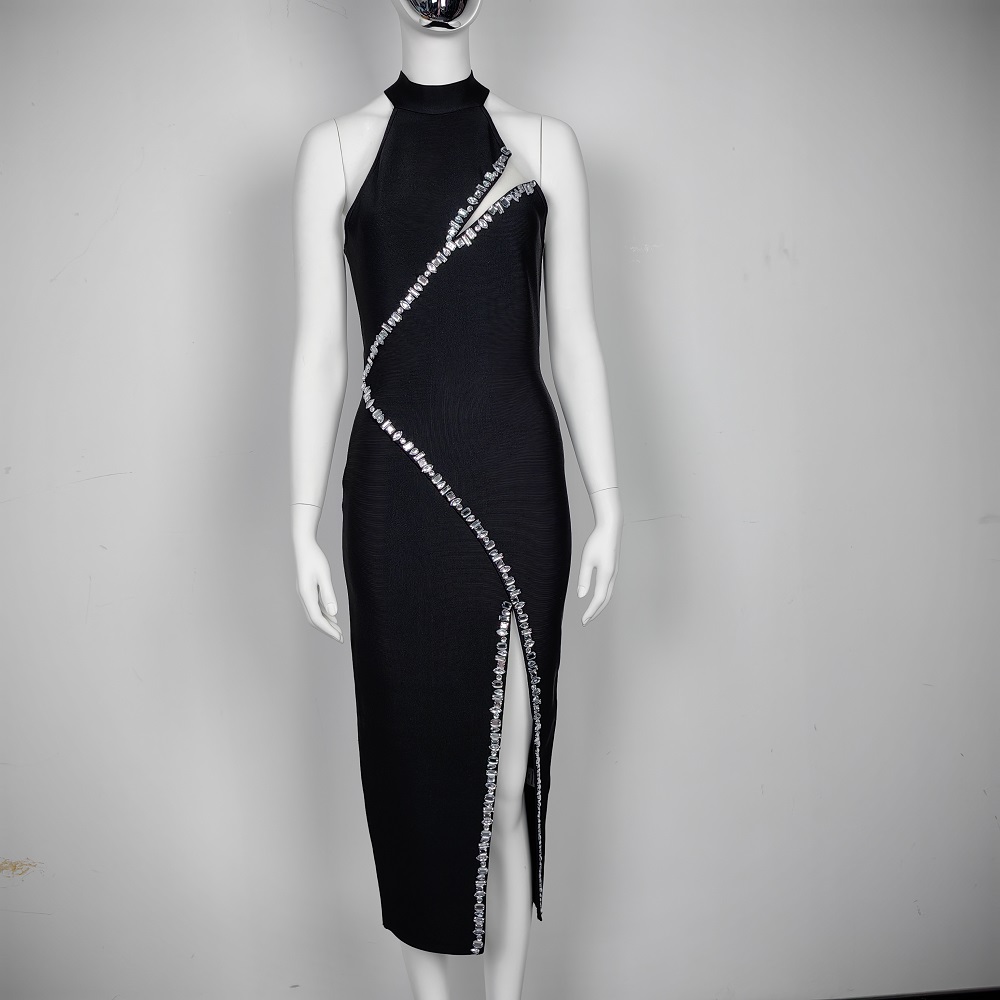 BEAUKEY Luxury Black Diamond Bandage Women Dress 2024 Autumn Sexy Mesh Halter Lady Dress Bodycon Rhinestone Evening Dress Party