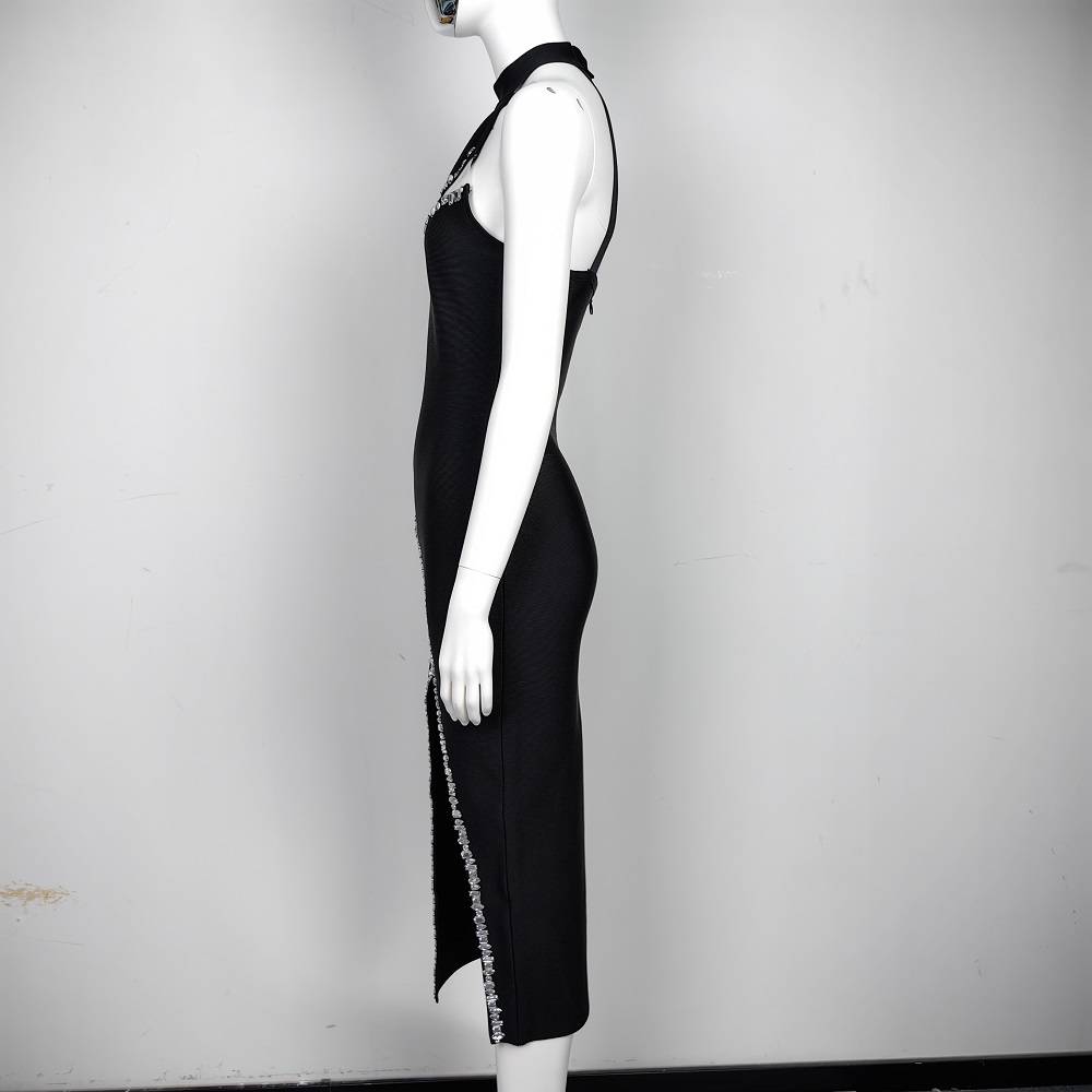 BEAUKEY Luxury Black Diamond Bandage Women Dress 2024 Autumn Sexy Mesh Halter Lady Dress Bodycon Rhinestone Evening Dress Party