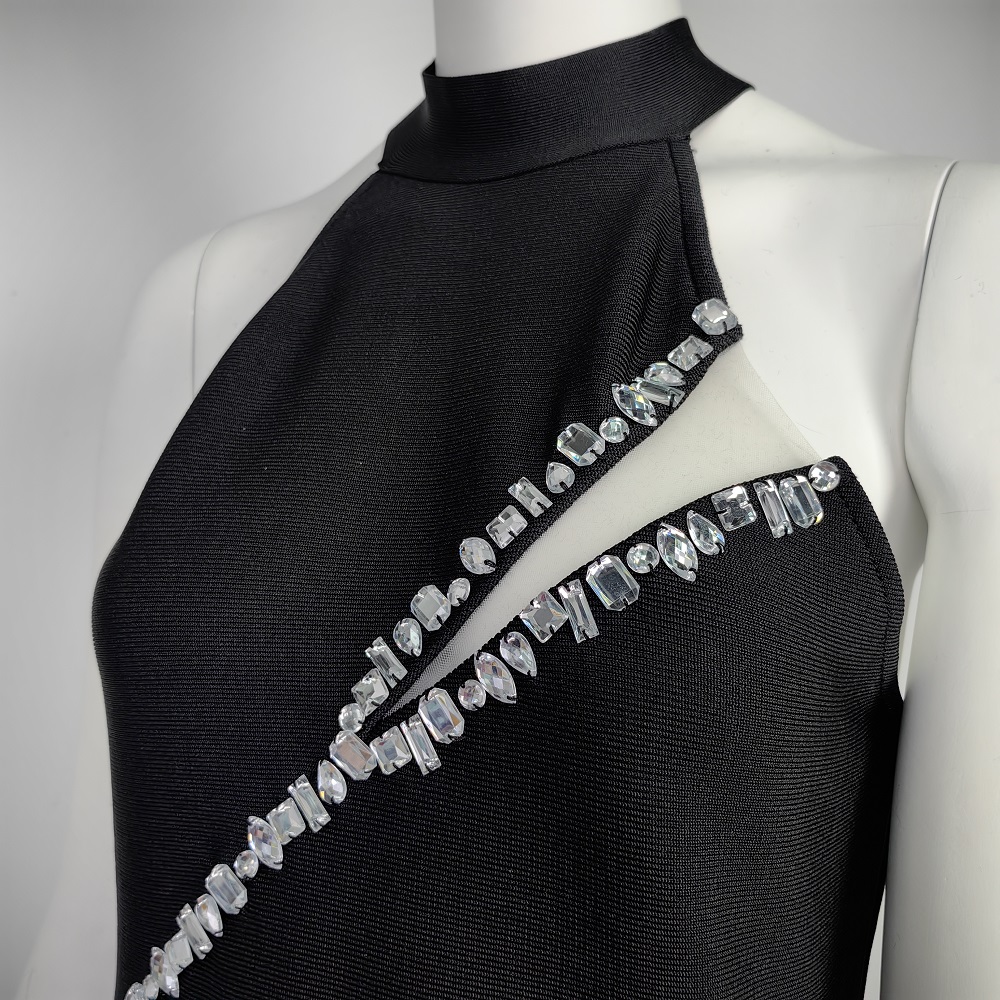 BEAUKEY Luxury Black Diamond Bandage Women Dress 2024 Autumn Sexy Mesh Halter Lady Dress Bodycon Rhinestone Evening Dress Party