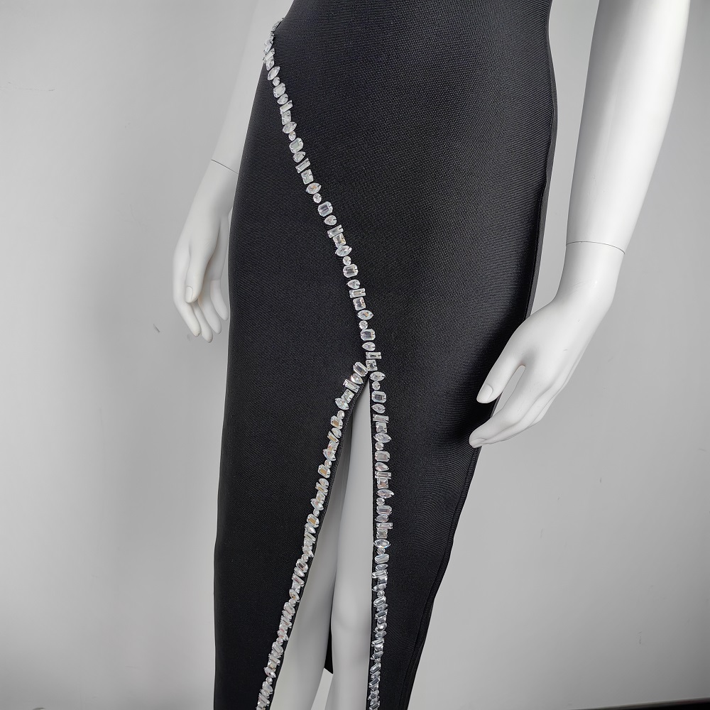 BEAUKEY Luxury Black Diamond Bandage Women Dress 2024 Autumn Sexy Mesh Halter Lady Dress Bodycon Rhinestone Evening Dress Party