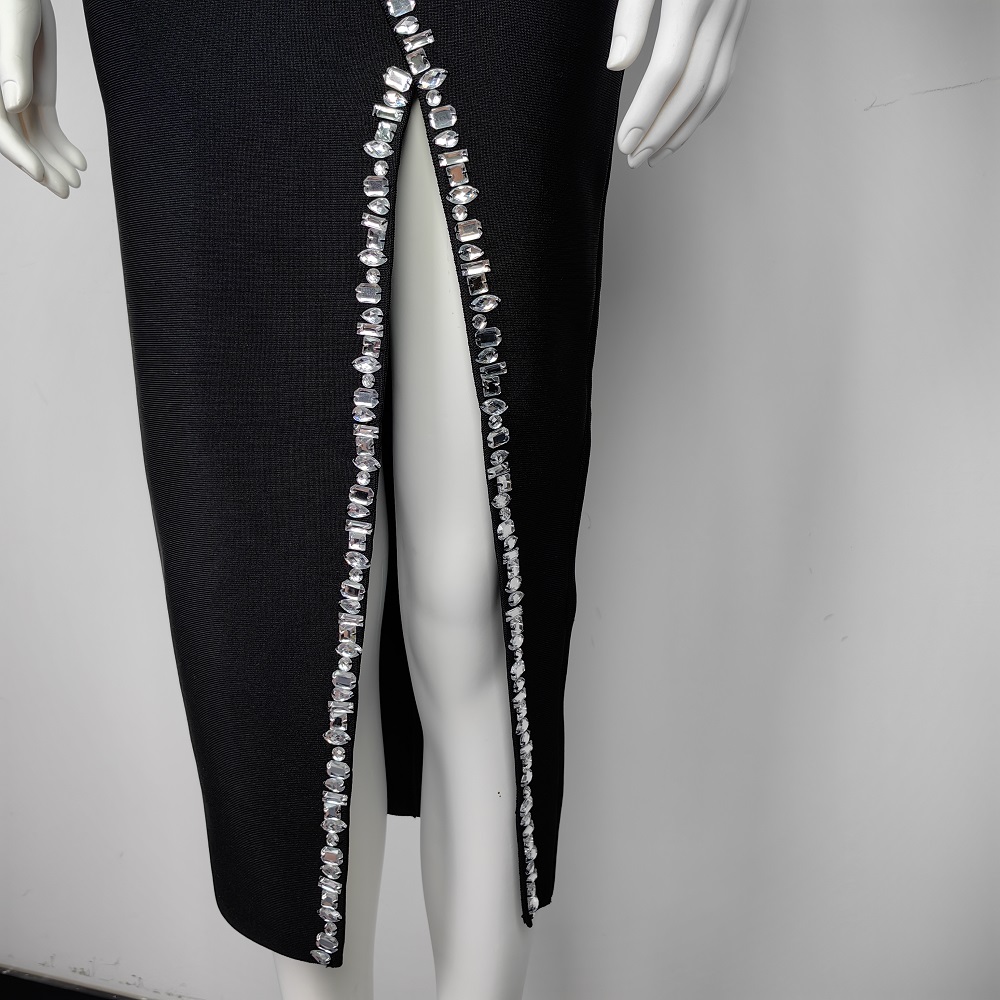BEAUKEY Luxury Black Diamond Bandage Women Dress 2024 Autumn Sexy Mesh Halter Lady Dress Bodycon Rhinestone Evening Dress Party