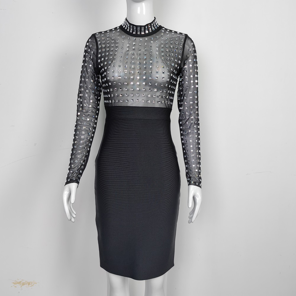 BEAUKEY 2024 New Luxury Sexy Mesh Rhinestone Bandage Dress Long Sleeve Women Party Evening See Through Evening Dress Dimonds