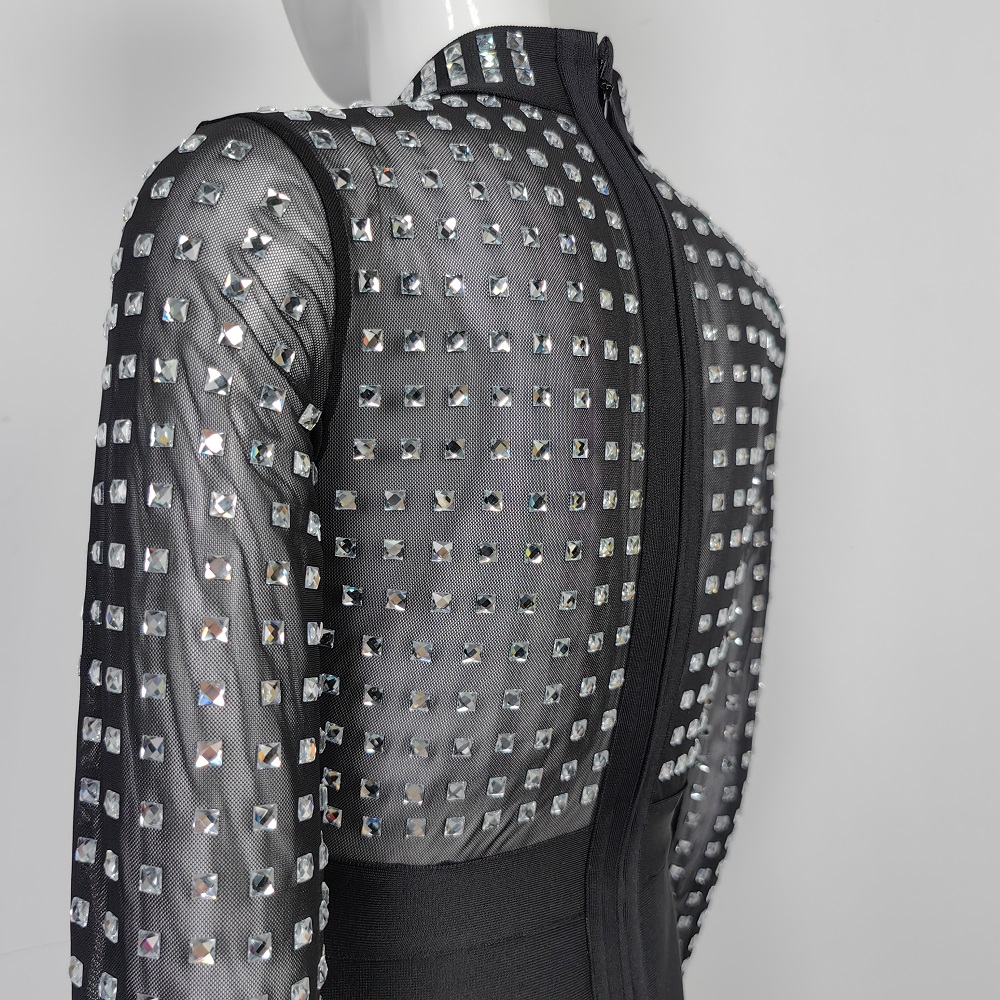 BEAUKEY 2024 New Luxury Sexy Mesh Rhinestone Bandage Dress Long Sleeve Women Party Evening See Through Evening Dress Dimonds