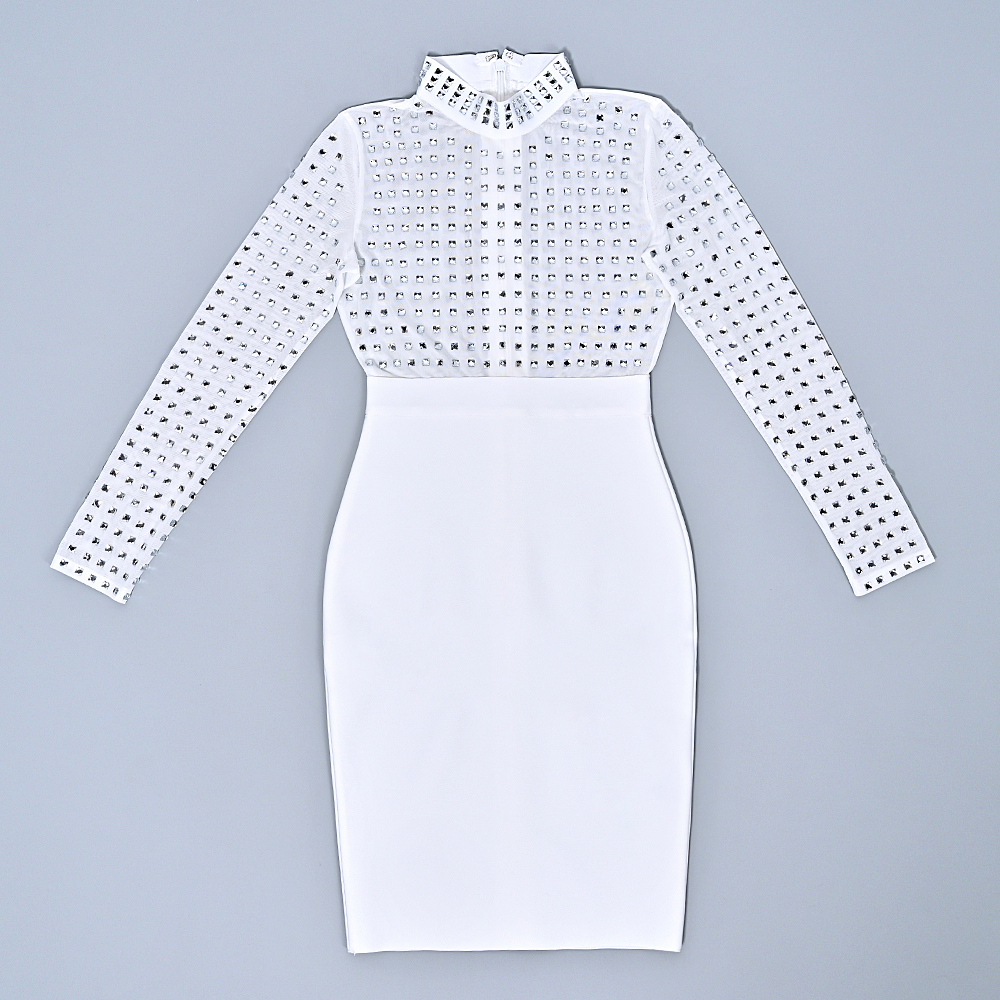 BEAUKEY 2024 New Luxury Sexy Mesh Rhinestone Bandage Dress Long Sleeve Women Party Evening See Through Evening Dress Dimonds