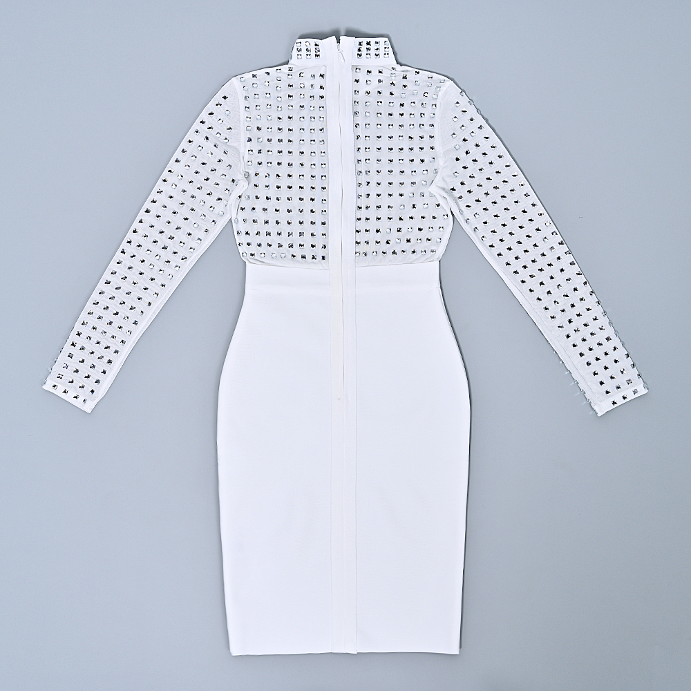 BEAUKEY 2024 New Luxury Sexy Mesh Rhinestone Bandage Dress Long Sleeve Women Party Evening See Through Evening Dress Dimonds