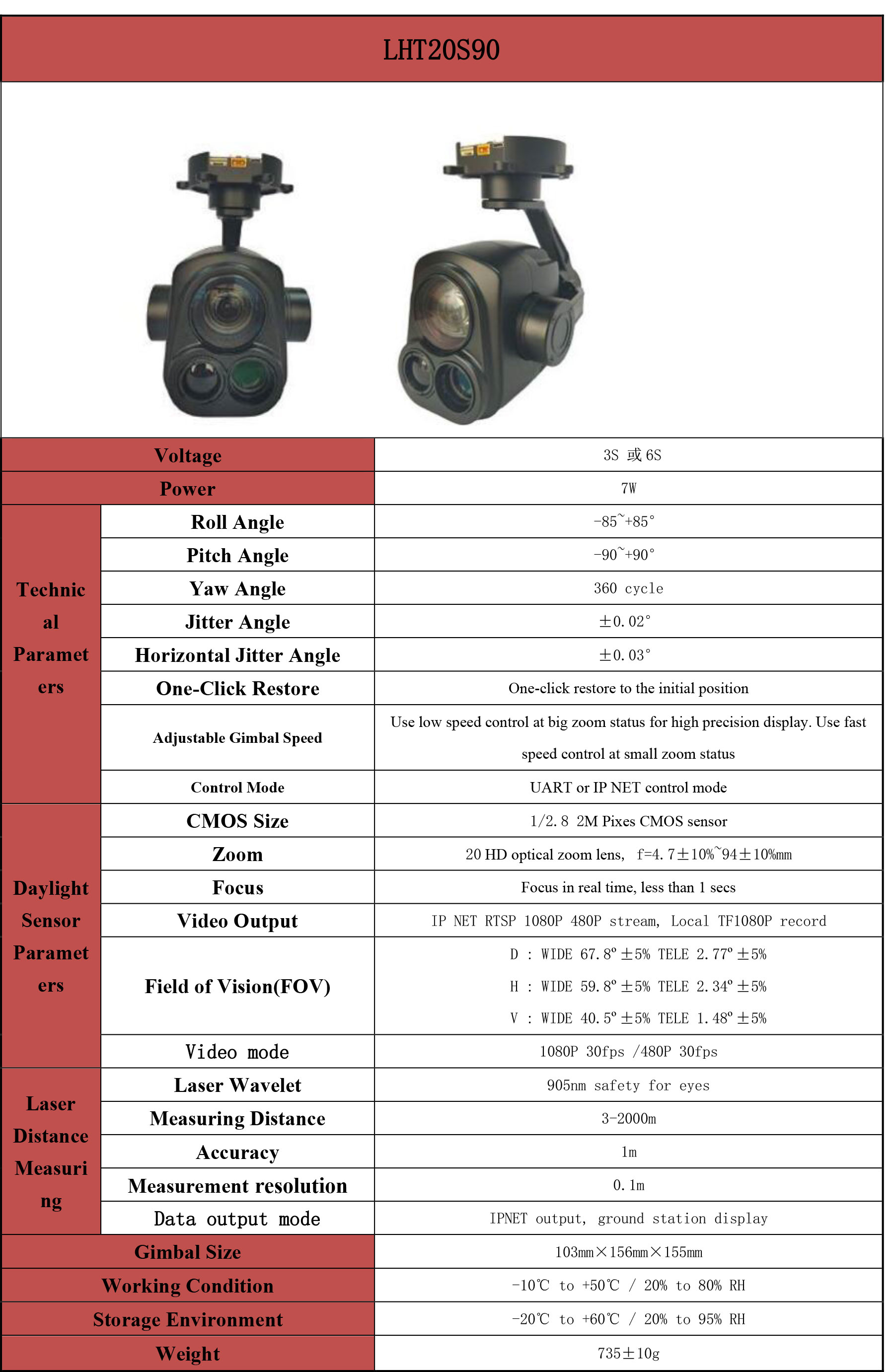 LHT20S90 20 Optical Zoom Camera + 2000m Laser Distance Measuring Gimbal 