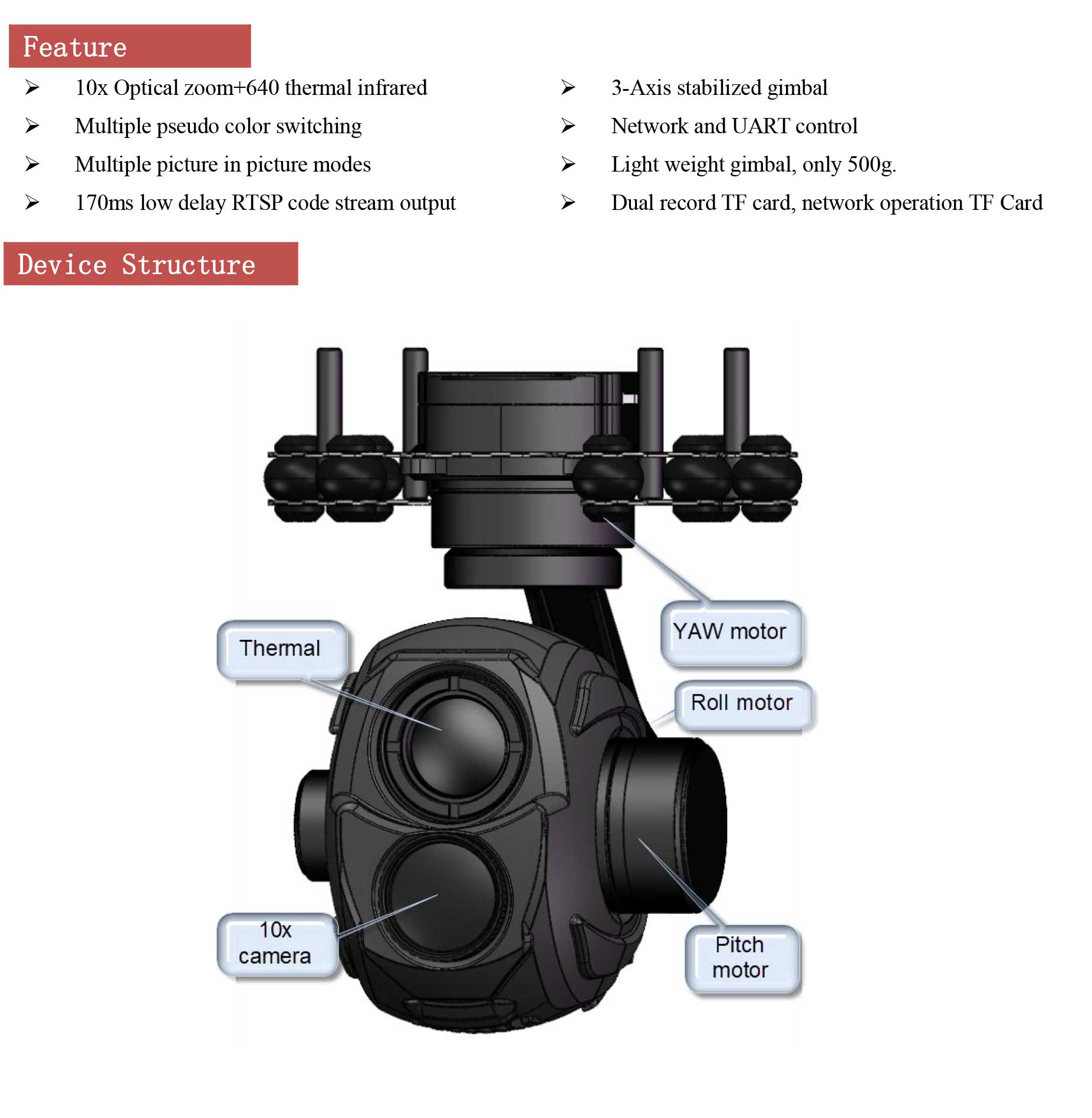 SIP10G613 10x Optical zoom camera + 640*512 thermal camera  Dual light 3-Axis Stabilized Gimbal, IP output 