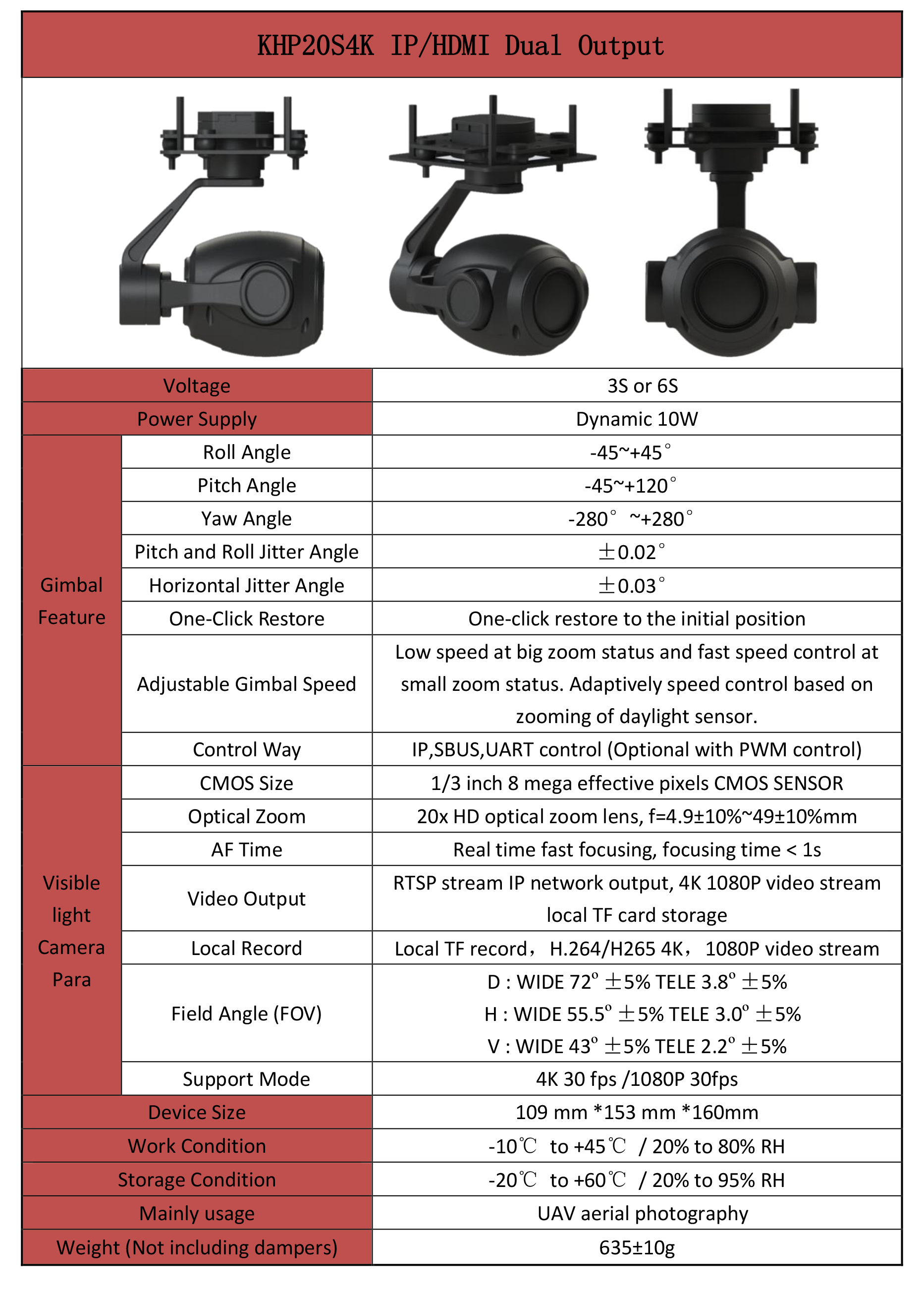 KHP20S4K 4K 20x Optical zoom 3-Axis Gimbal, IP/HDMI output