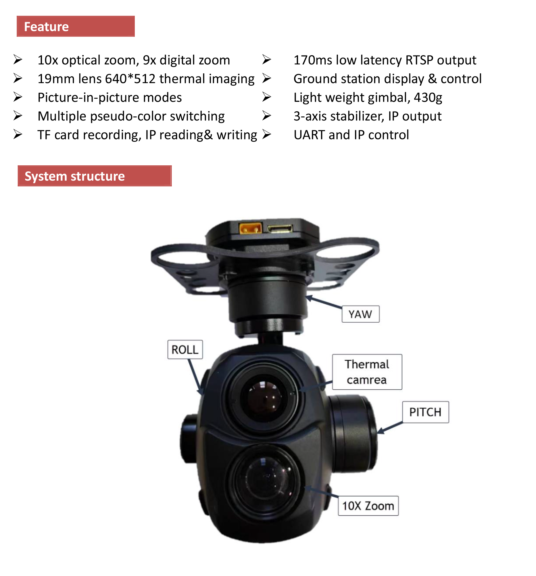 KIP10G619 10x Optical zoom+ 640 Infrared thermal , 3-Axis gimbal, IP output