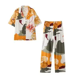  Woman fashion silk watermarked floral short sleeve trousers suit casual home clothes Latest  