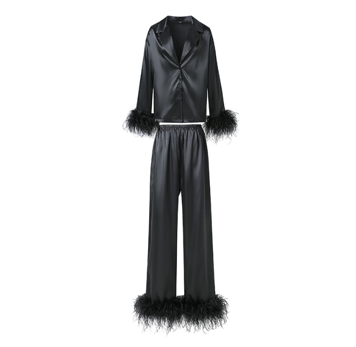 Black Silk Pajamas with ostrich feather cuffs luxury sleepwear New Arrivals Latest  