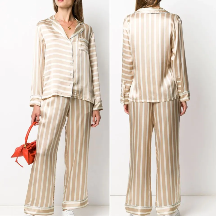 New Arrivals Fall clothing striped silk two piece sets button front sleepwear women Latest  