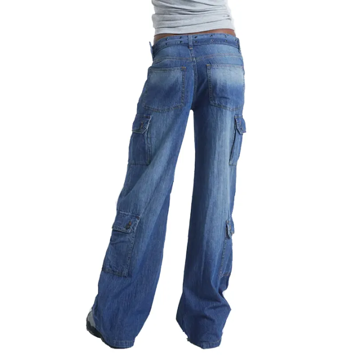 Womens multi pocket utility non-stretch blue denim cargo jeans  