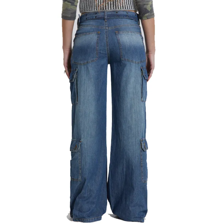Womens multi pocket utility non-stretch blue denim cargo jeans  