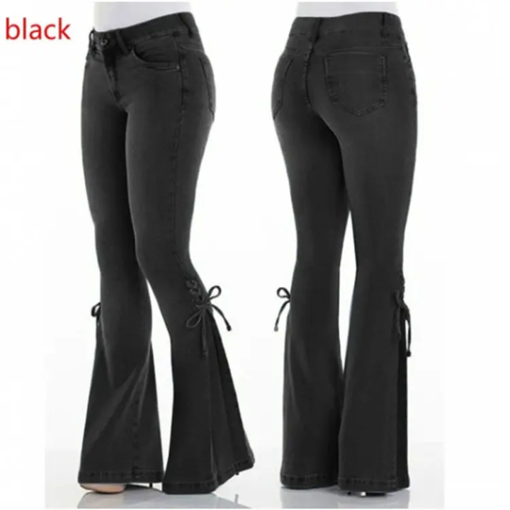  Denim flare pants women lace up slim-fit stretch jeans wide leg trousers  