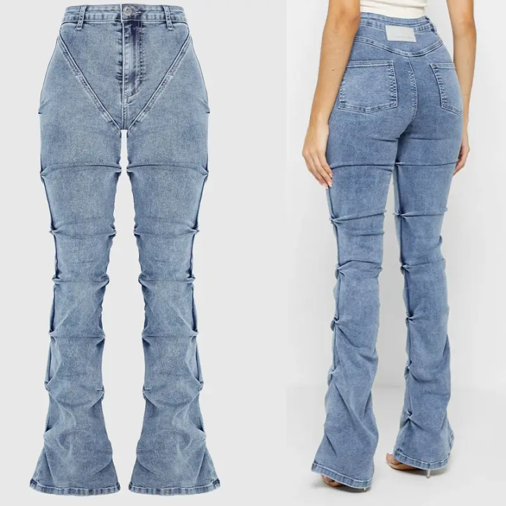 Custom slim fitting tacked denim high waisted flare bell bottom jeans for women  