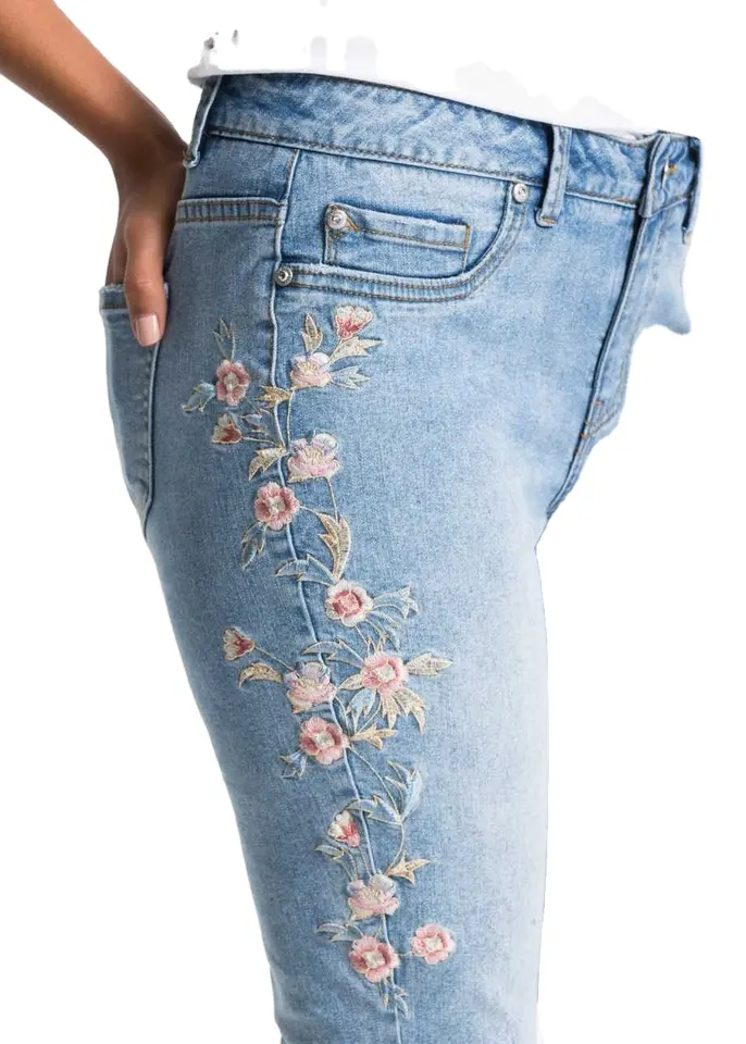 Custom fashion embroidery skinny elastane blue washed stretch denim pants  