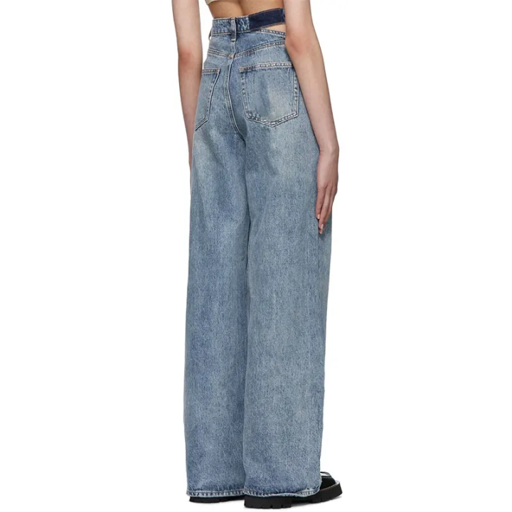 Hollow out high waist zip fly straight leg casual blue jean trousers for women  