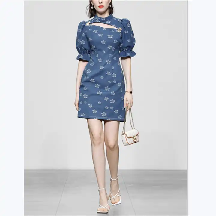 Bubble sleeves waisted slim dress denim dress girl OEM Fashion Summer Custom Logo dress  