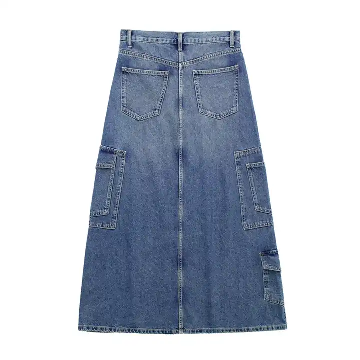 Retro loose high waist a-line pocket denim skirt OEM fashion denim Summer Custom Logo dress  
