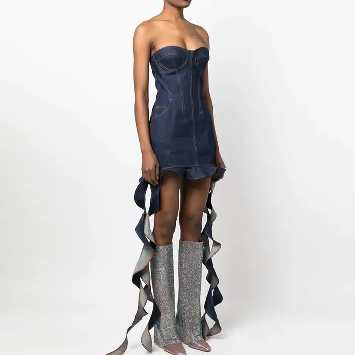 2024 Spring Details denim tube top slim sexy Mini dress  