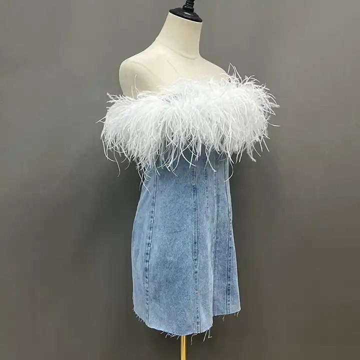 Luxury party strapless jean tube denim dress with ostrich feather  