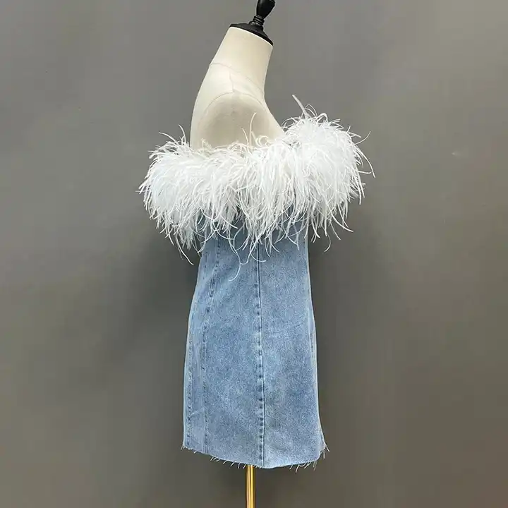 Luxury party strapless jean tube denim dress with ostrich feather  