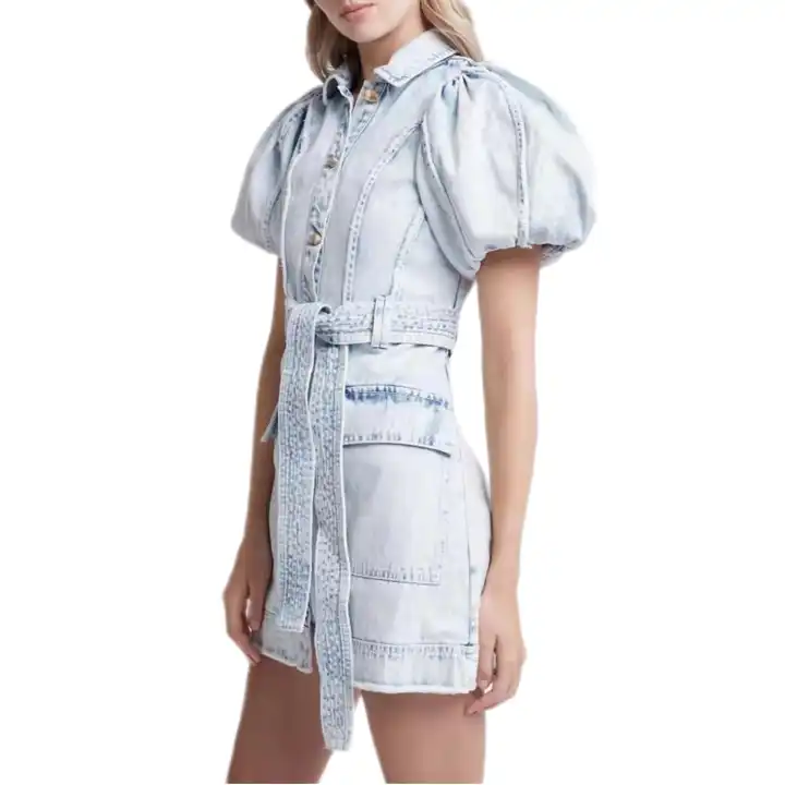  Denim short puff sleeve jeans shirt dress with belt OEM fashion fenim Summer Custom Logo dress  
