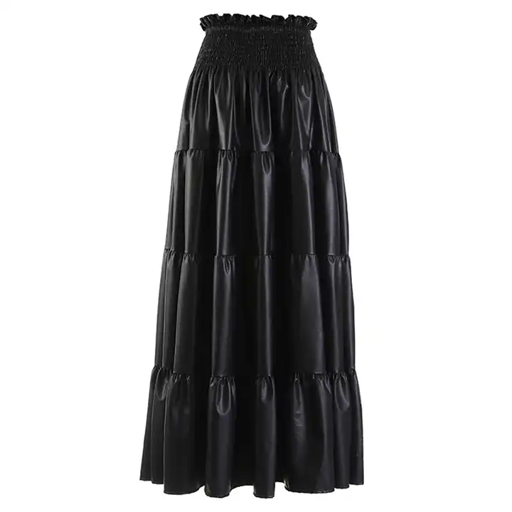 French Retro Style Pleated Elastic Tube Top PU leather skirts Spring Autumn Women's Skirts New Loose Hem A- Line Midi Skirt  