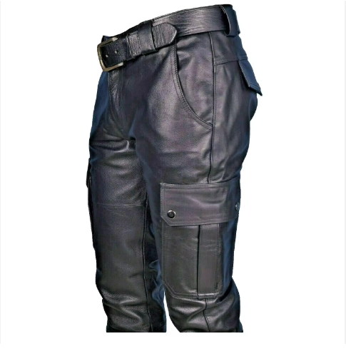 Leather Bikers Long Pants With Cargo Pockets Black Black Soft Men Pant Casual Trouser 