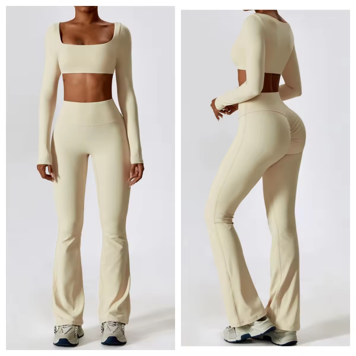 Autumn Pit Stripe Long Sleeve Slim Outfit Casual Solid Yoga Fitness Two Piece Sets Women O-neck Bandage Navel Top and Pants Suit