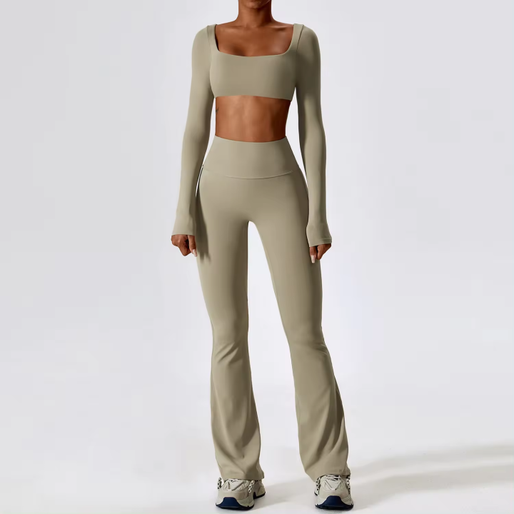 Autumn Pit Stripe Long Sleeve Slim Outfit Casual Solid Yoga Fitness Two Piece Sets Women strech Bandage Navel Top and Pants Suit