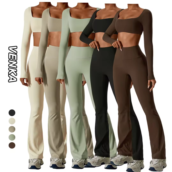 Autumn Pit Stripe Long Sleeve Slim Outfit Casual Solid Yoga Fitness Two Piece Sets Women O-neck Bandage Navel Top and Pants Suit