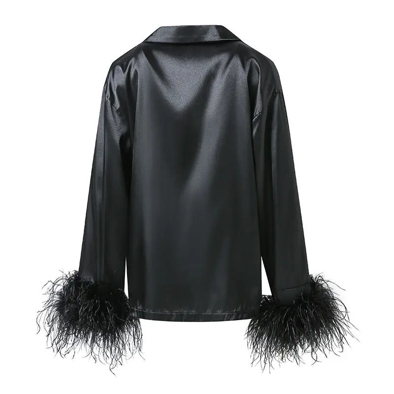 Black Silk Pajamas with ostrich feather cuffs luxury sleepwear New Arrivals Latest