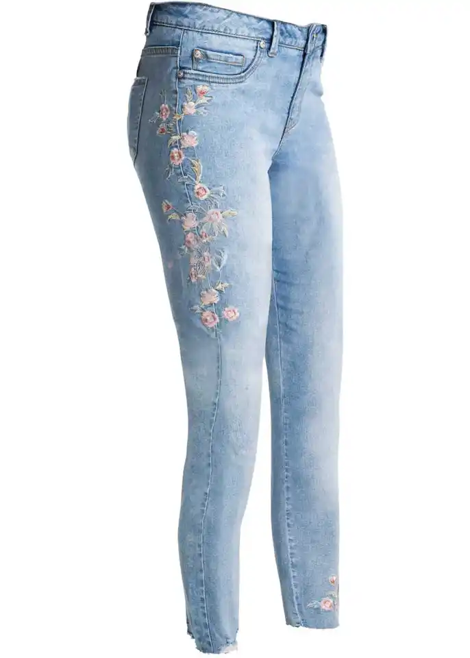 Custom fashion embroidery skinny elastane blue washed stretch denim pants