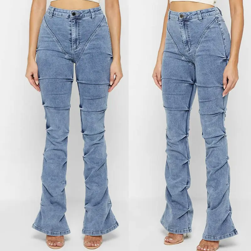 Custom slim fitting tacked denim high waisted flare bell bottom jeans for women