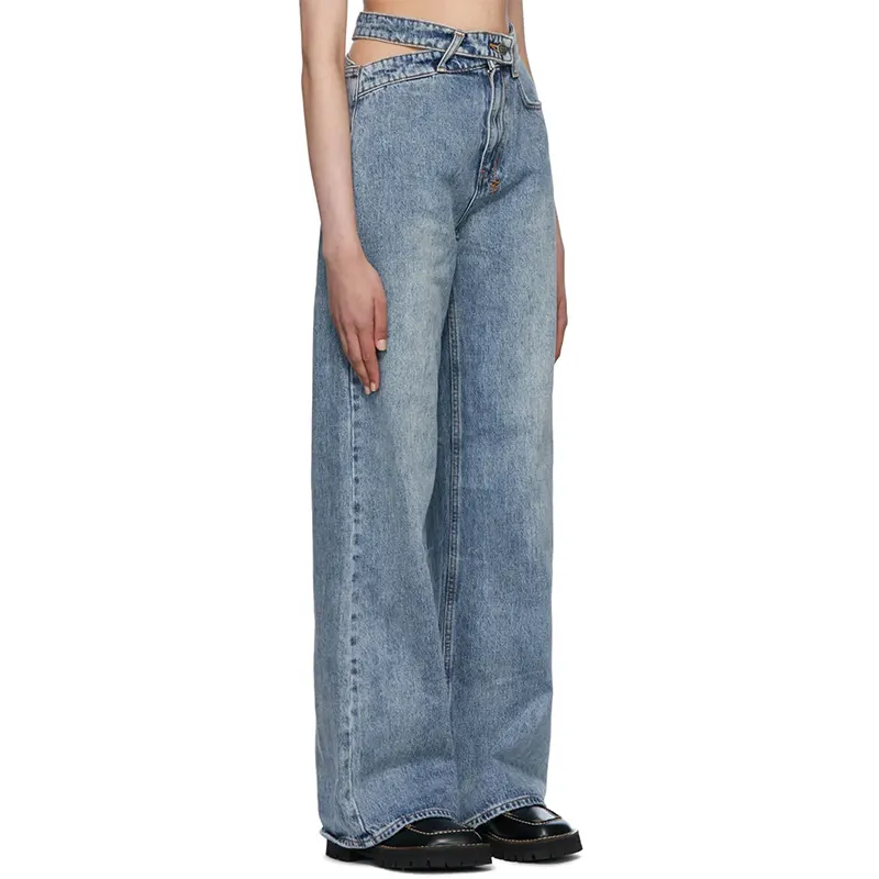 Hollow out high waist zip fly straight leg casual blue jean trousers for women