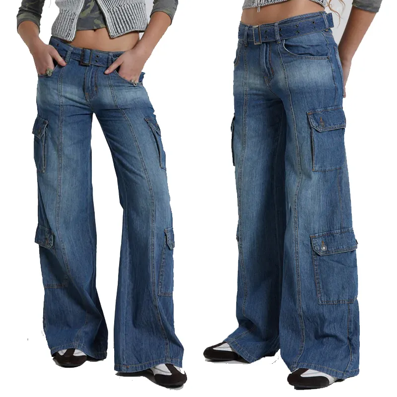 Womens multi pocket utility non-stretch blue denim cargo jeans